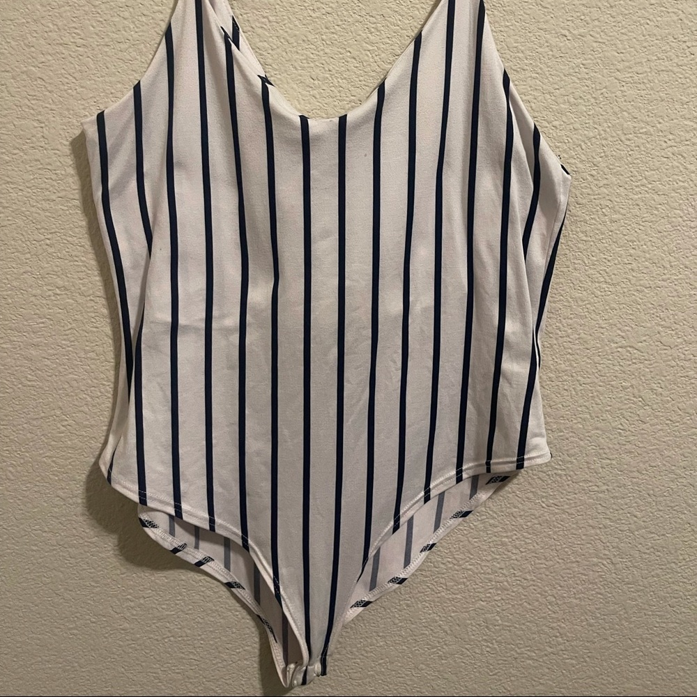 White and navy striped bodysuit size large